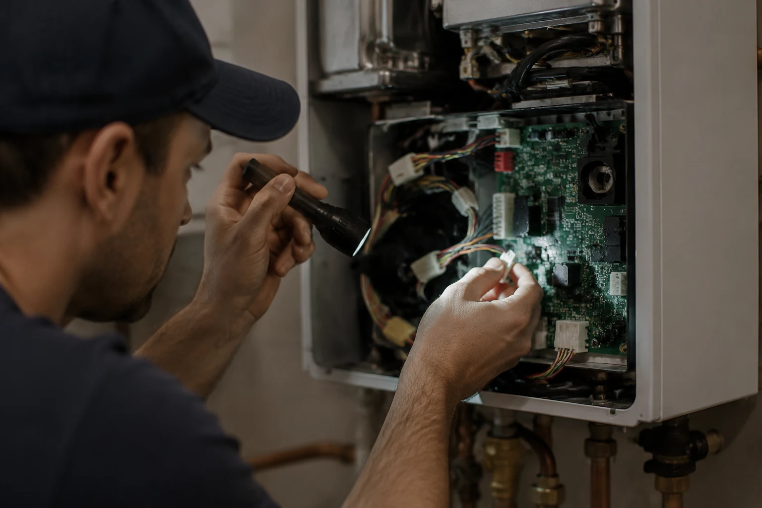 Technician cleaning the cold water inlet screen filter on a Navien NPE-A tankless water heater during E438 troubleshooting