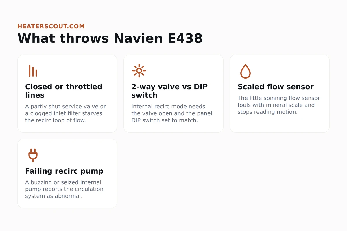 Four common causes of Navien E438: closed water lines, 2-way valve and DIP switch mismatch, scaled flow sensor, and a failing recirculation pump