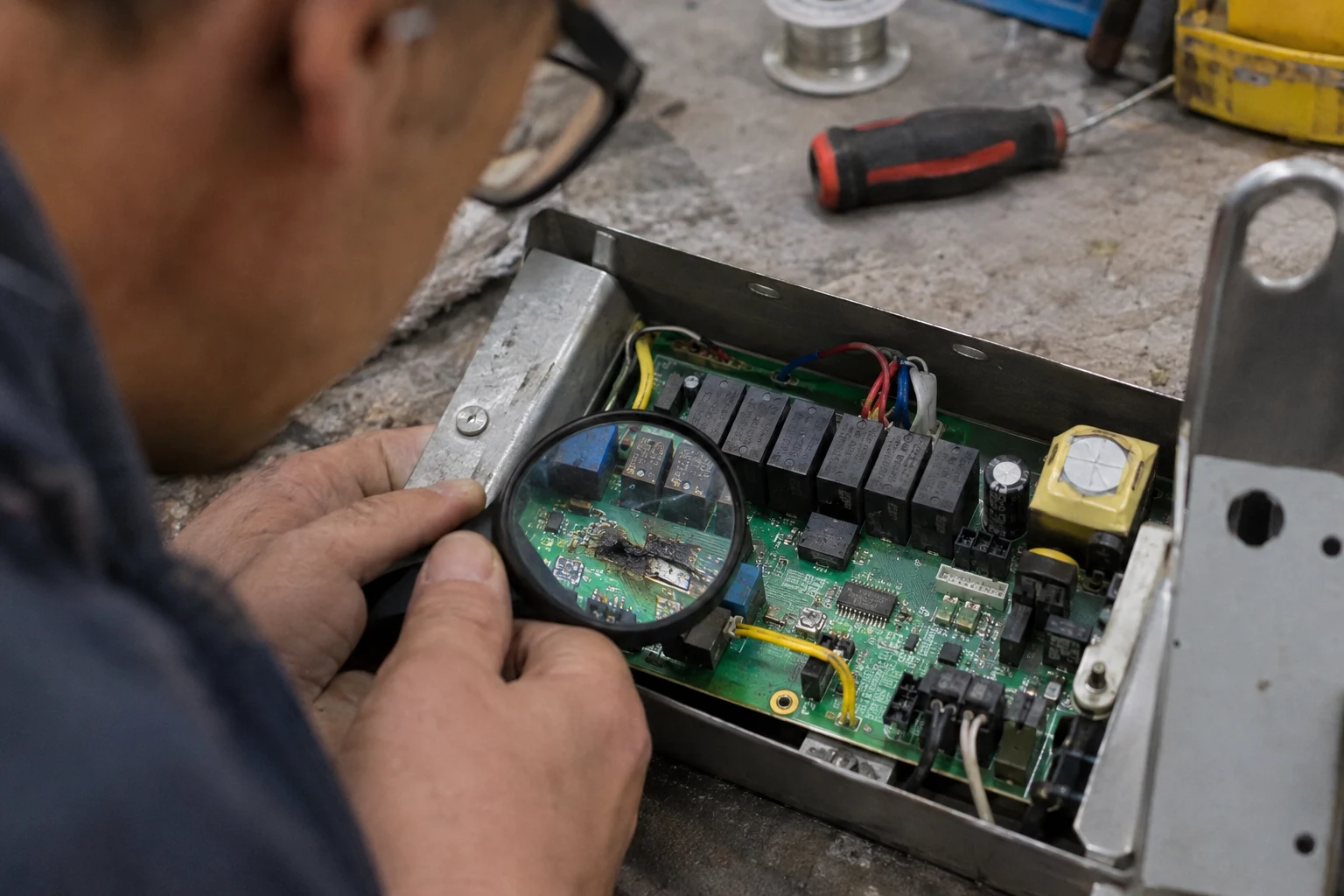 A Navien tankless control board with its wiring harness connectors, the plugs a technician reseats and inspects when chasing an E515 abnormal PCB fault
