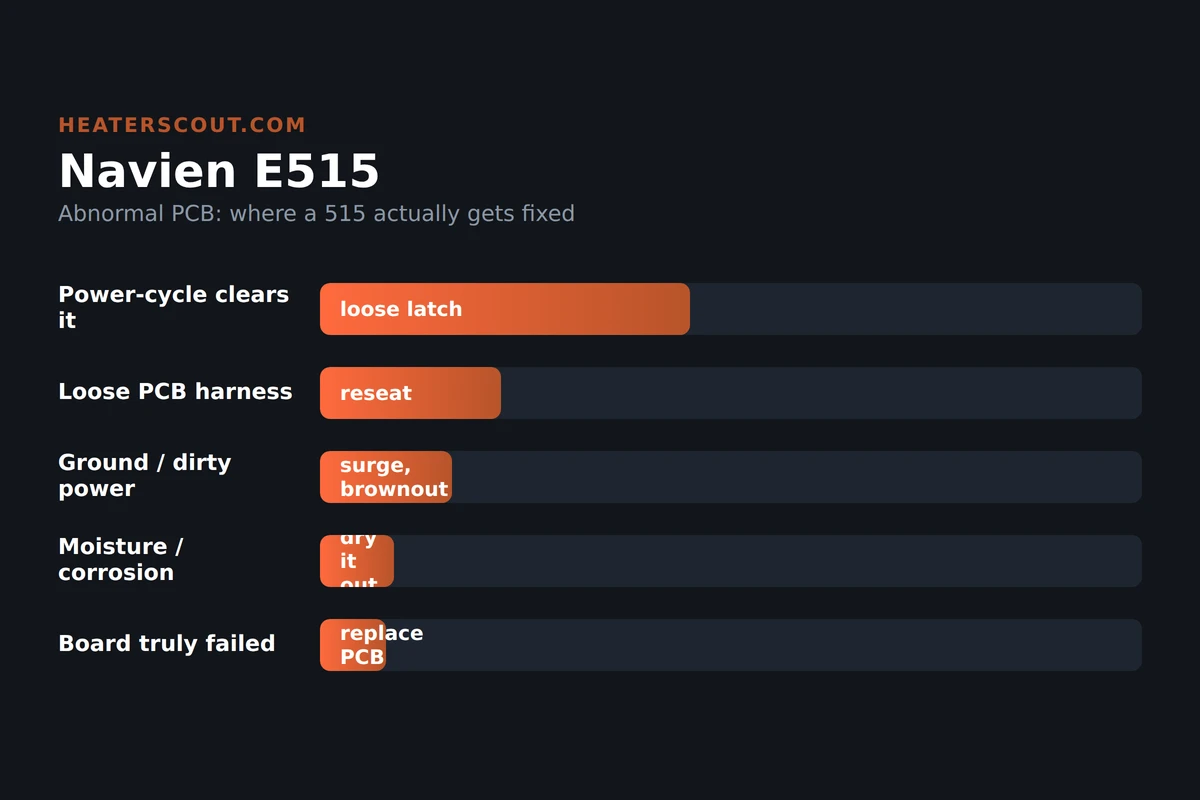 Bar chart showing where Navien E515 gets fixed: most clear on a power-cycle, then loose harness, ground and dirty power, moisture, and last a truly failed board