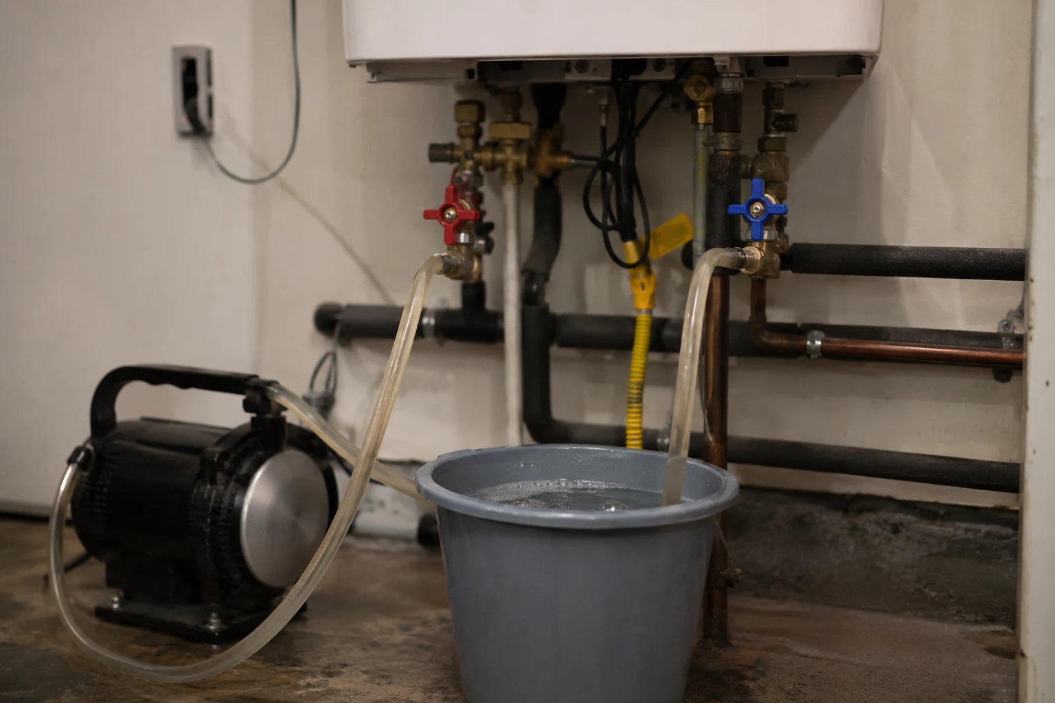 A Navien tankless water heater set up for a vinegar flush, with a pump and two hoses connected to the isolation service valves and a bucket below