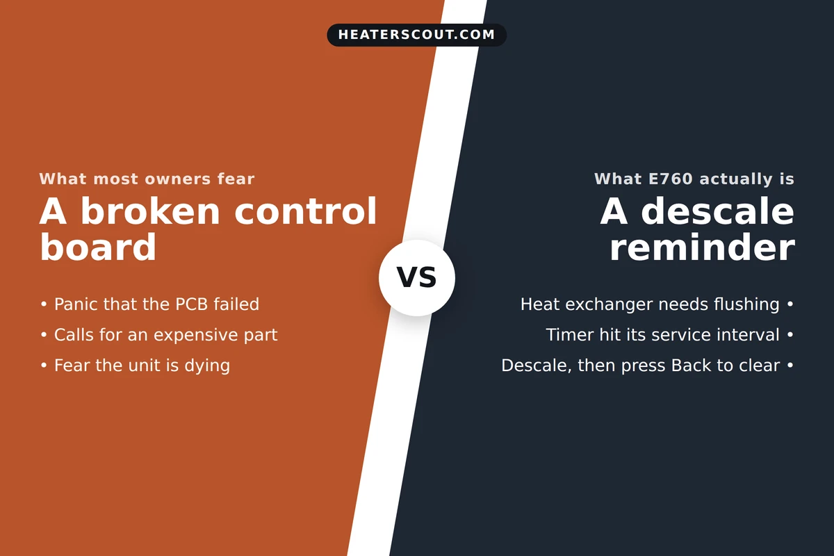 Split graphic: what owners fear about Navien E760 (a broken control board) versus what it actually is, a heat exchanger descale reminder