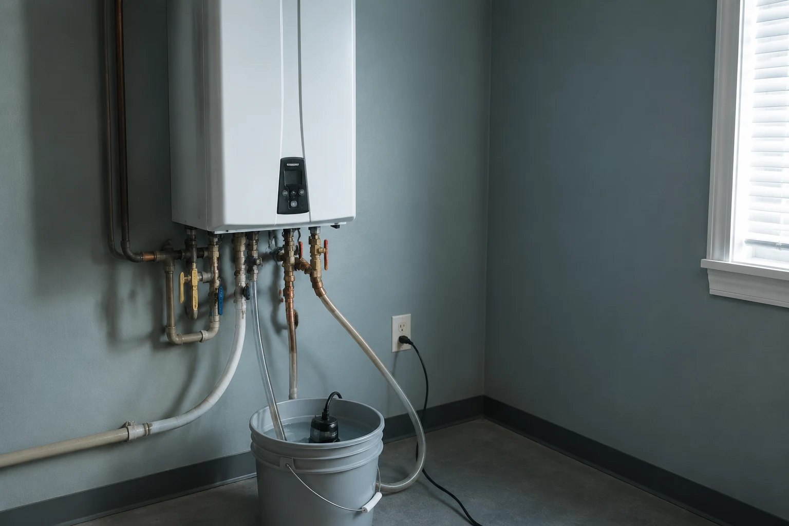 A Navien NPE tankless water heater with the isolation service valves connected to a submersible pump and hoses running to a bucket of descaling solution for the annual flush