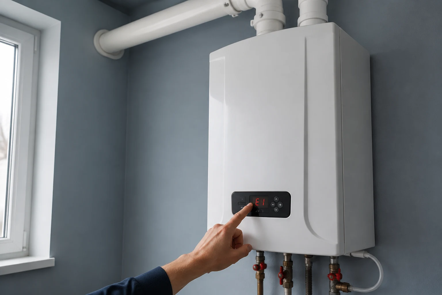 Exterior wall termination for a Navien condensing tankless water heater, the concentric or twin intake and exhaust vent pipes where blockage from snow, ice, leaves, or a nest triggers an E110 code