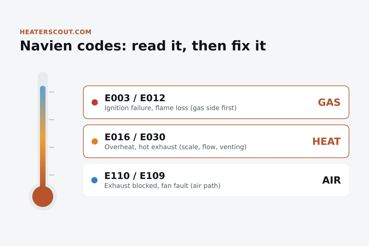 Navien tankless troubleshooting overview grouping error codes into gas-side faults like E003 and E012, heat and scale faults like E016 and E030, and air-path faults like E110 and E109
