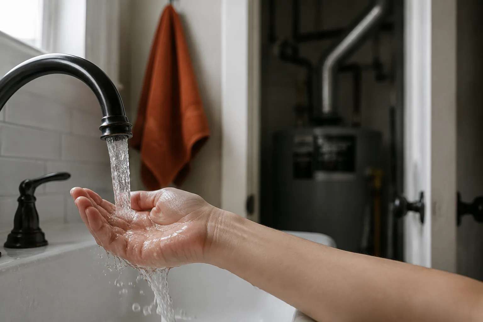 Water heater with a person checking the controls, no hot water at the tap