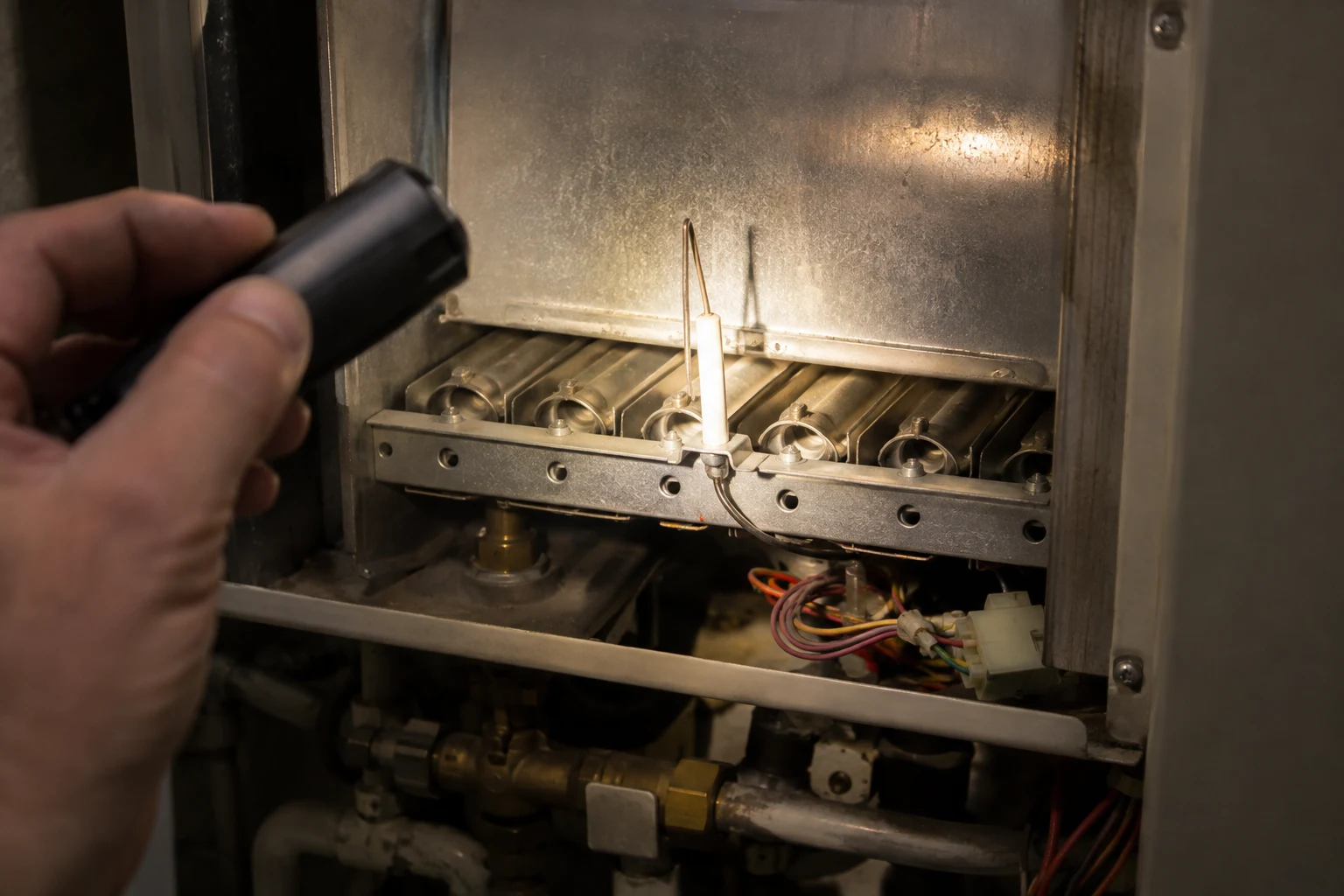 Technician cleaning the carbon-coated flame-sensing rod of a Noritz tankless water heater to clear an error code 12