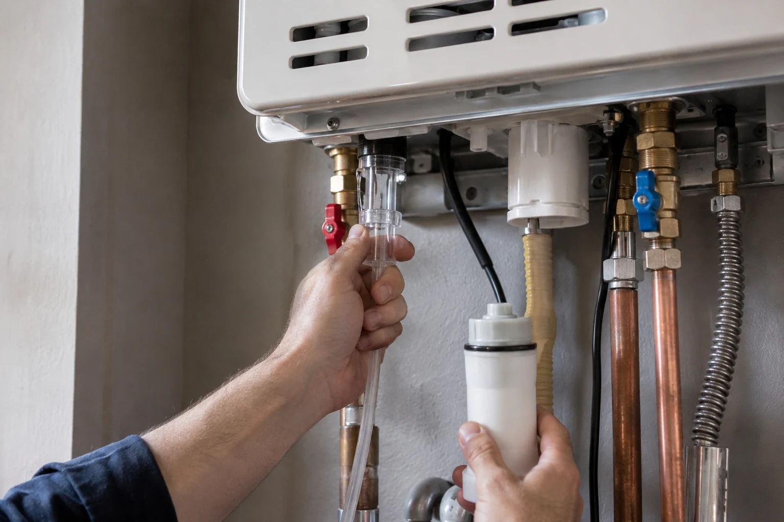 Condensate drain line and external neutralizer on a Noritz condensing tankless water heater