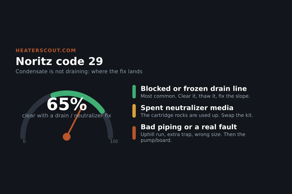 Gauge showing where Noritz code 29 fixes land: most clear by clearing the condensate drain or swapping the neutralizer