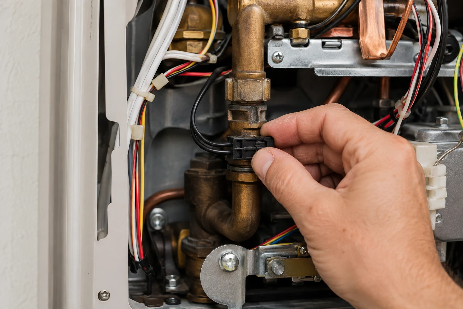 A Noritz hot water outlet thermistor removed from the outlet plumbing, its two-wire harness connector visible