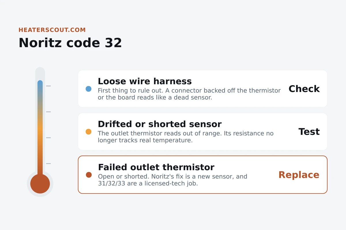 Thermometer infographic showing the three failure zones behind Noritz code 32: loose harness, drifted sensor, and a failed outlet thermistor