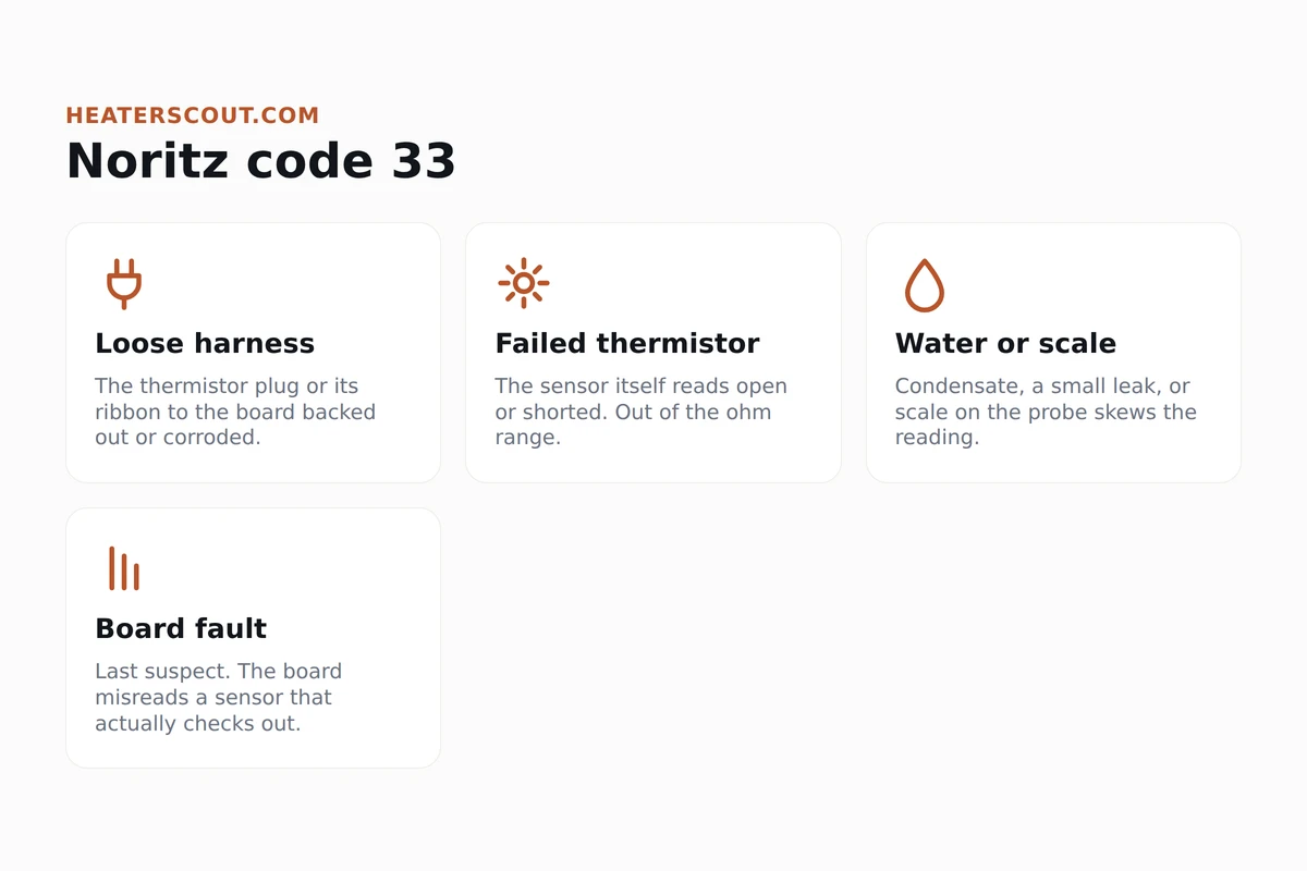 Four-card infographic of Noritz code 33 causes: loose harness, failed thermistor, water or scale, board fault