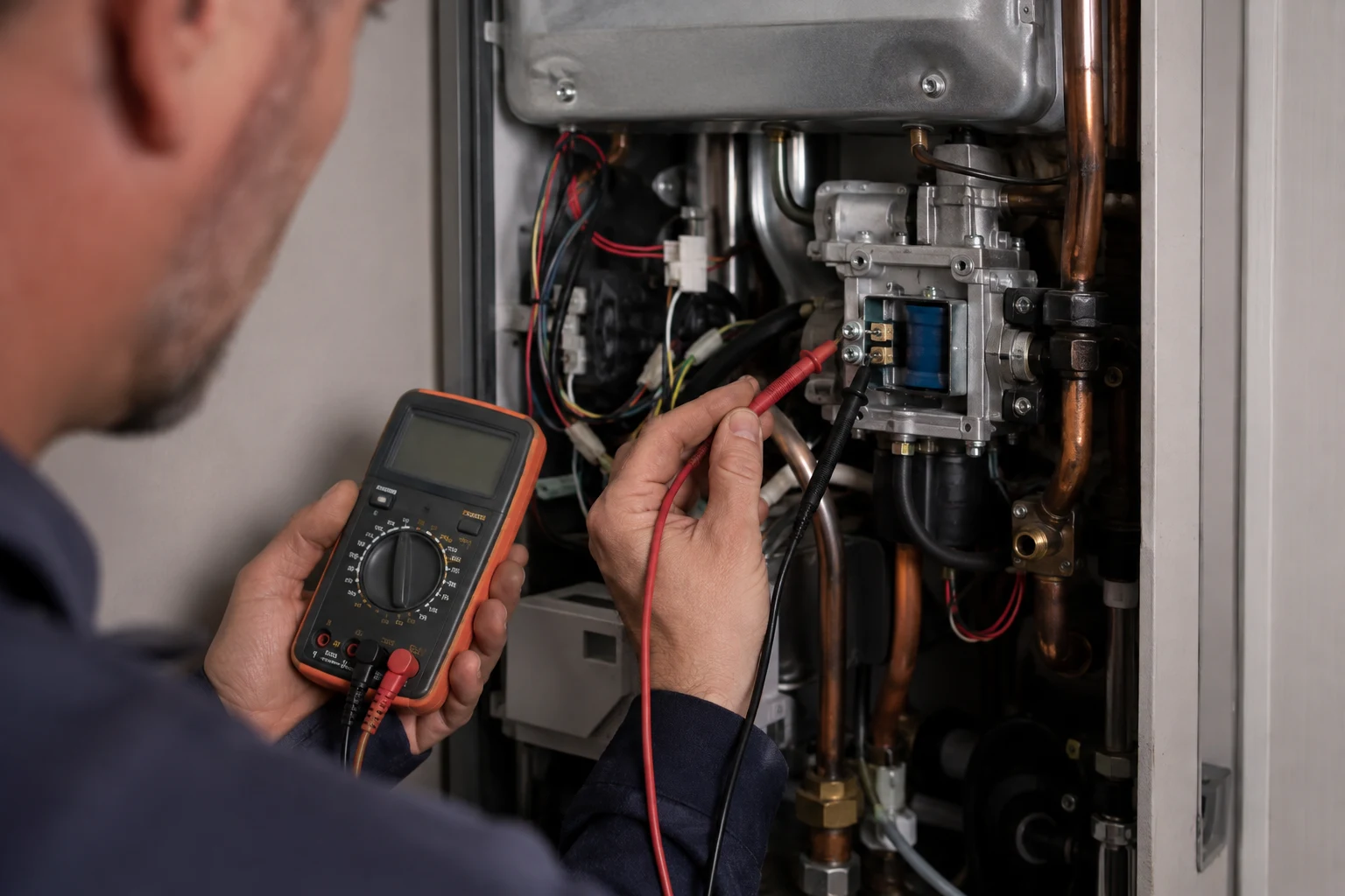 A technician measuring the coil resistance of a Noritz gas solenoid valve at the SV connector with a multimeter, gas shut off