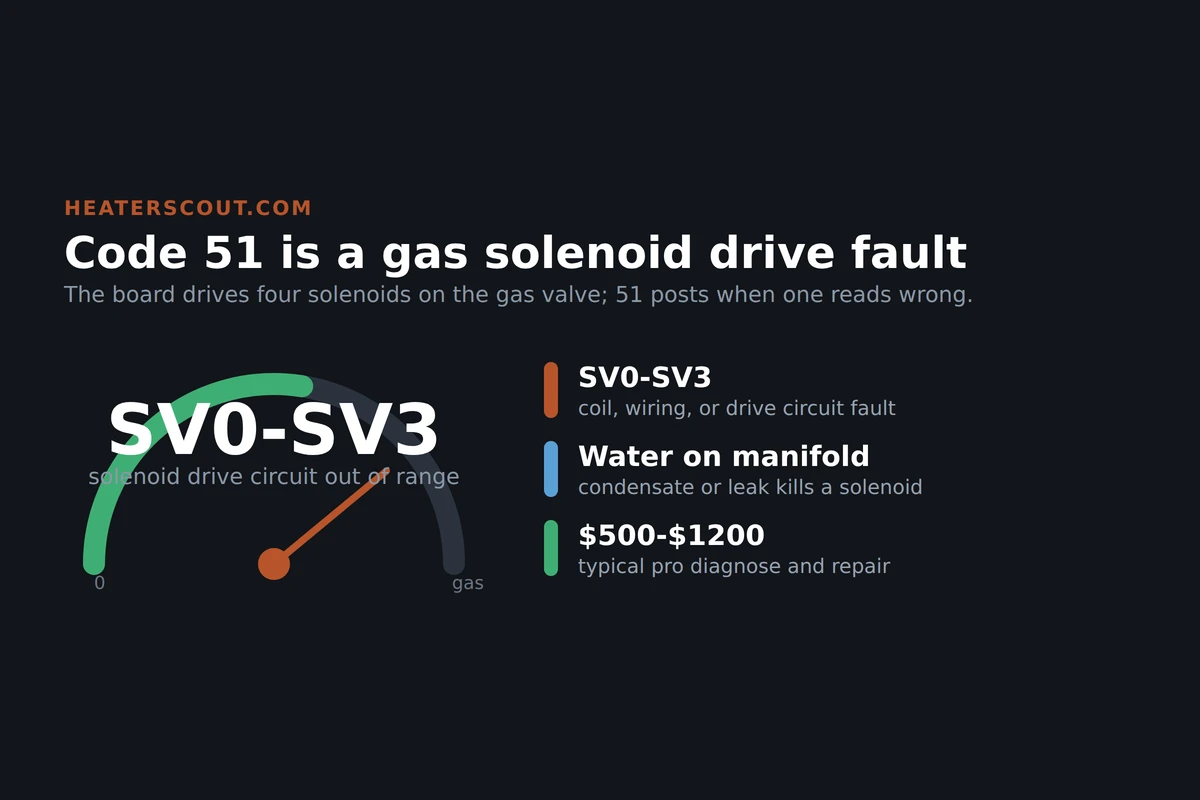 Gauge infographic showing Noritz code 51 as a gas solenoid drive circuit fault across solenoids SV0 through SV3 on the gas valve and manifold