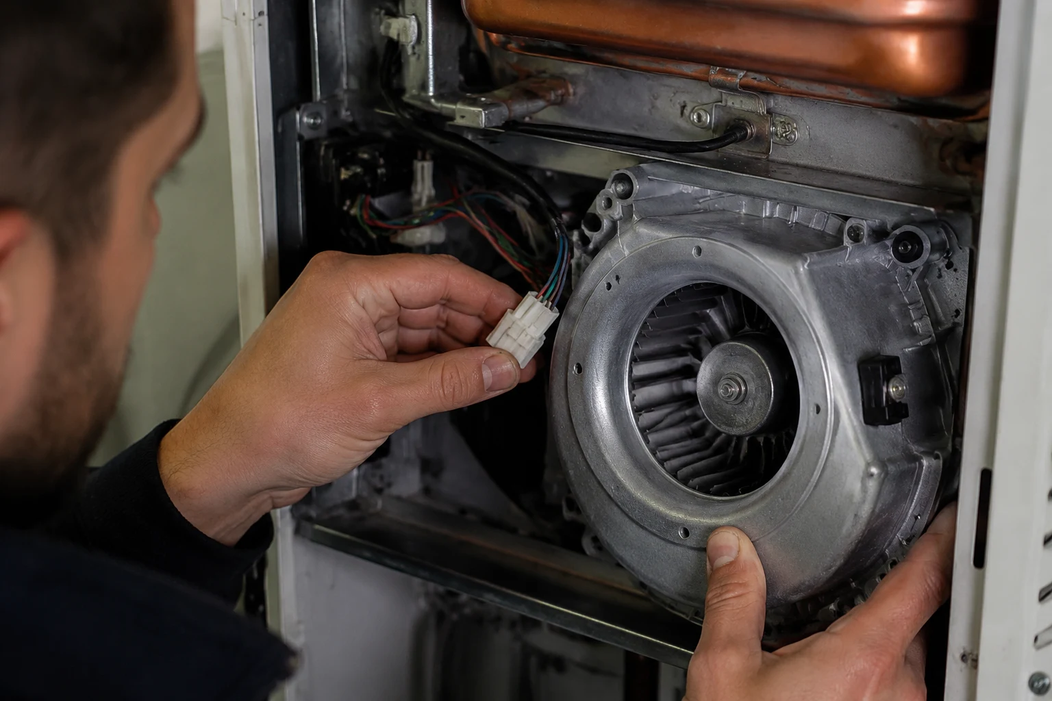 A Noritz combustion fan blower motor removed from the water heater, showing the impeller and wiring harness connector