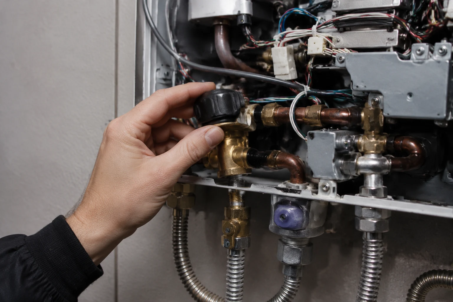 A Noritz main water servo valve exposed on the cold water inlet path with its wiring connector unplugged for inspection