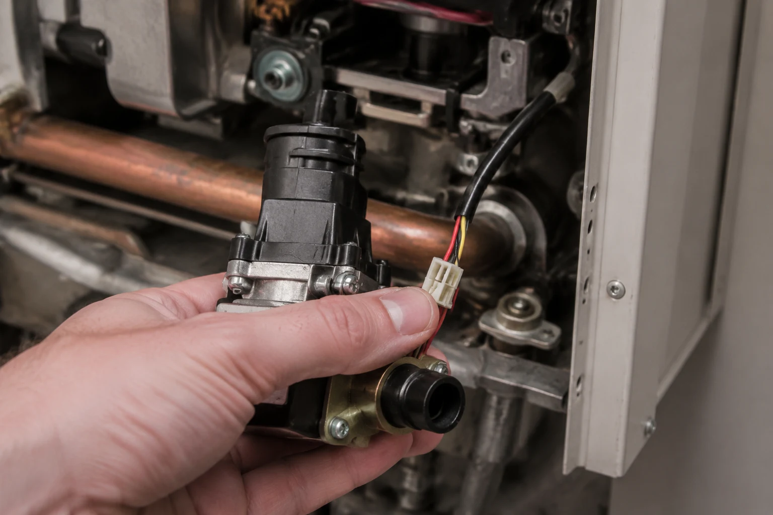 A Noritz bypass water servo and its wiring harness connector being inspected inside the open cabinet during a code 66 diagnosis
