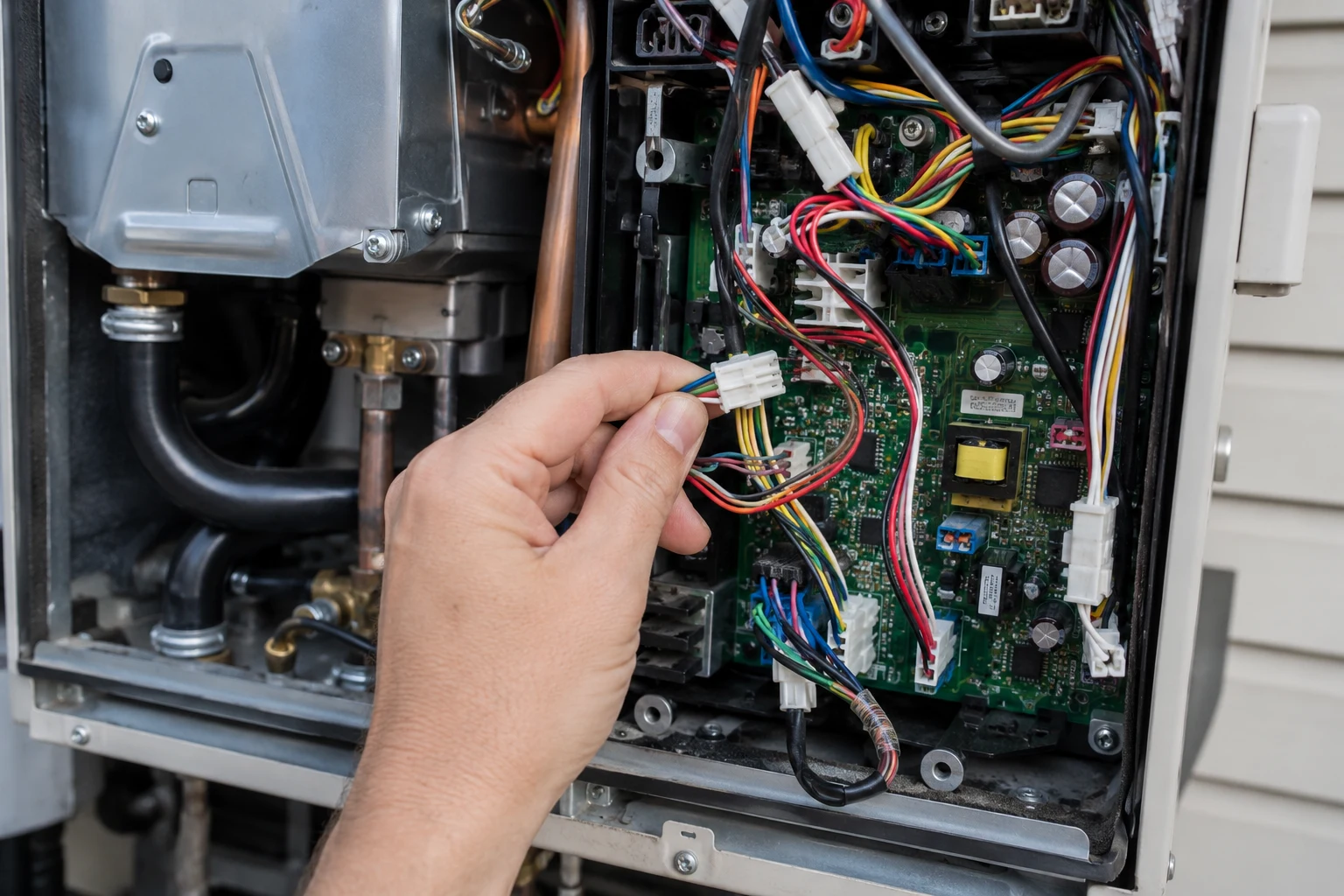 A Noritz tankless control board pulled for inspection, with a technician checking the gas valve drive circuit and solder joints
