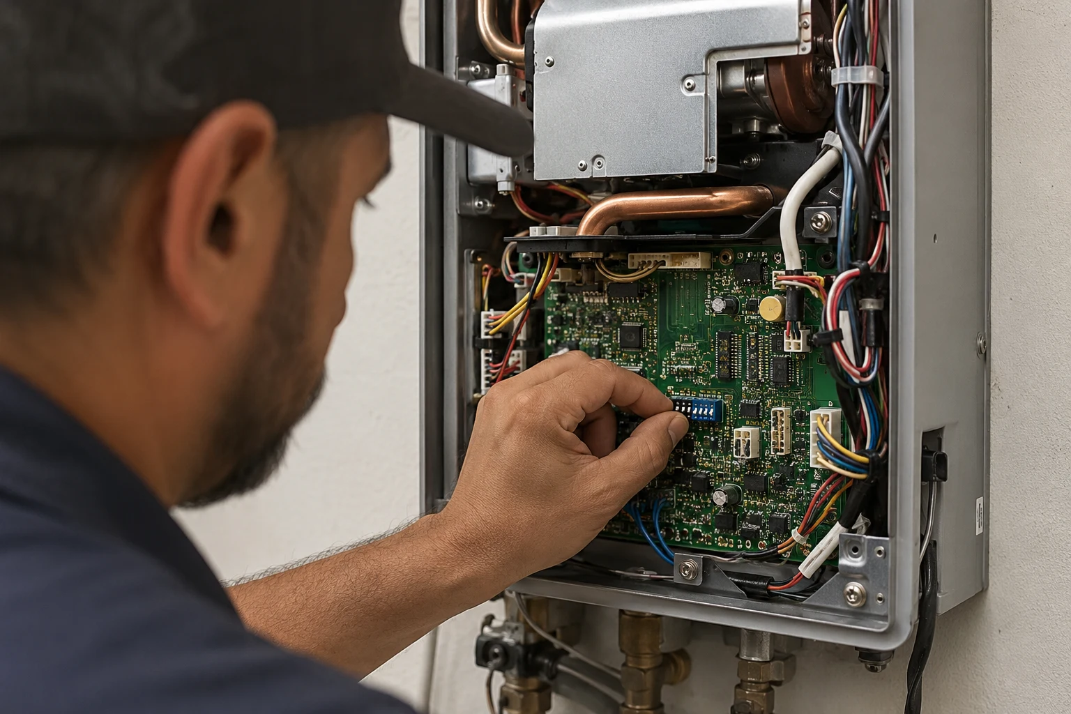 A technician checking the dipswitch bank on a Noritz tankless control board with the front cover removed and power off