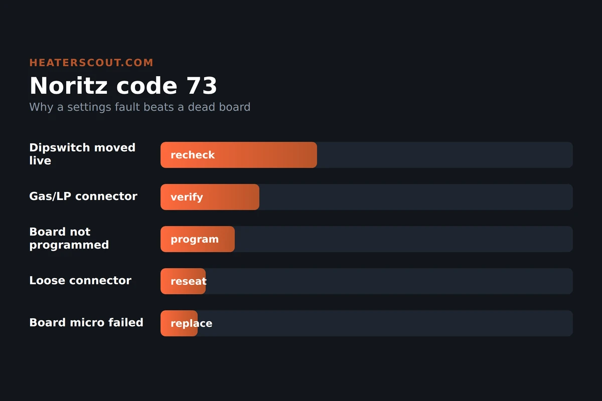 Bars infographic ranking the causes of Noritz code 73, from a dipswitch moved with power on down to a failed control board microprocessor