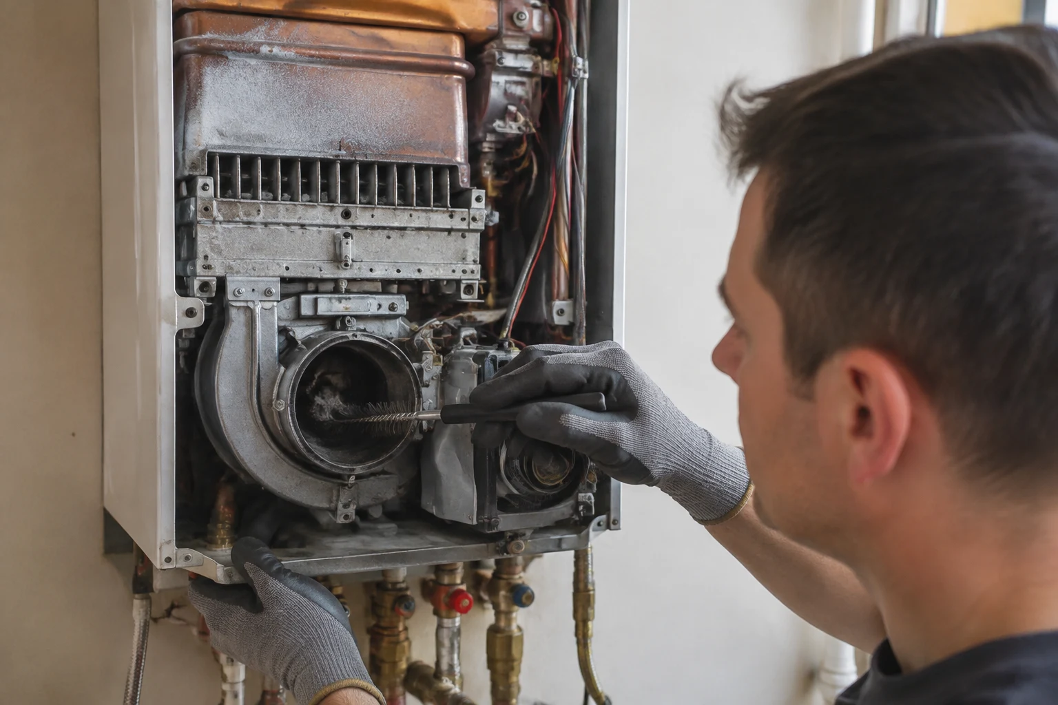 Technician checking the outdoor exhaust and intake terminals of a wall-mounted Noritz tankless water heater for blockage before opening the unit