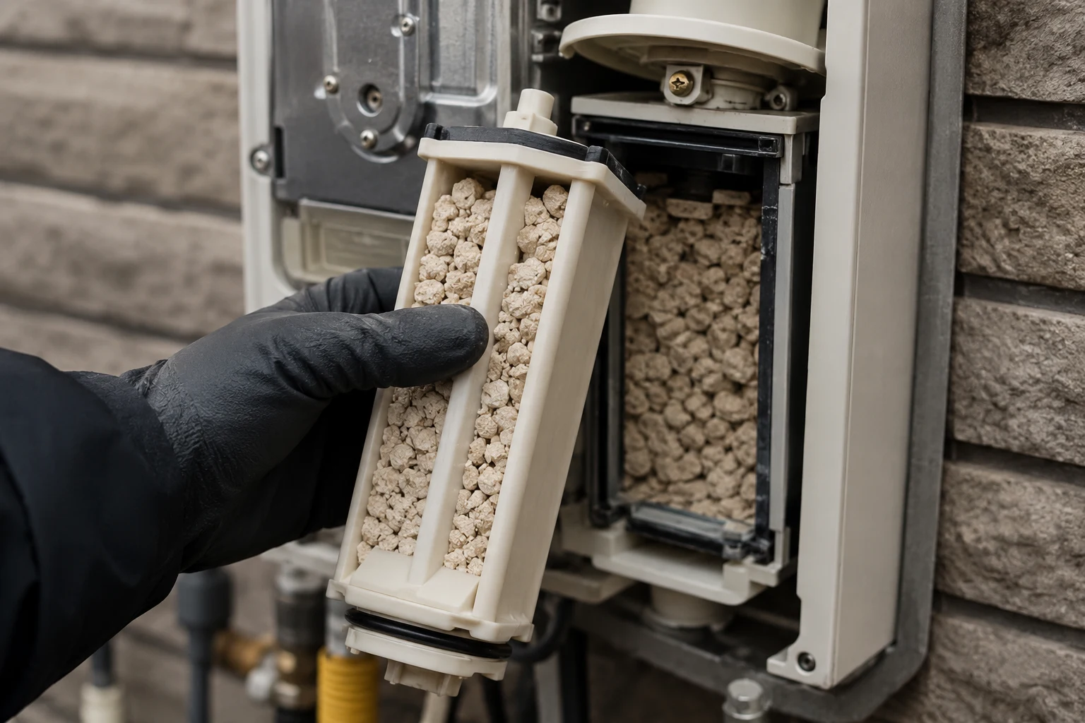 A Noritz condensate neutralizer cartridge being removed from underneath a condensing tankless water heater with drain hoses disconnected
