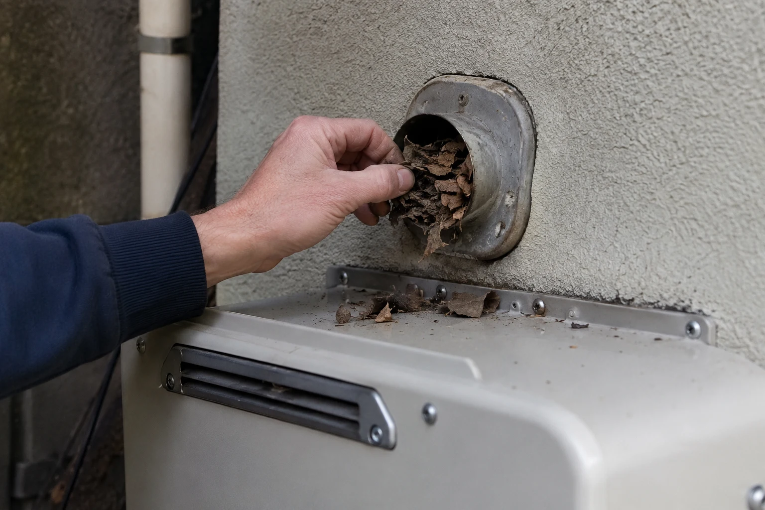 A Noritz tankless vent termination on an exterior wall partially blocked by debris and lint