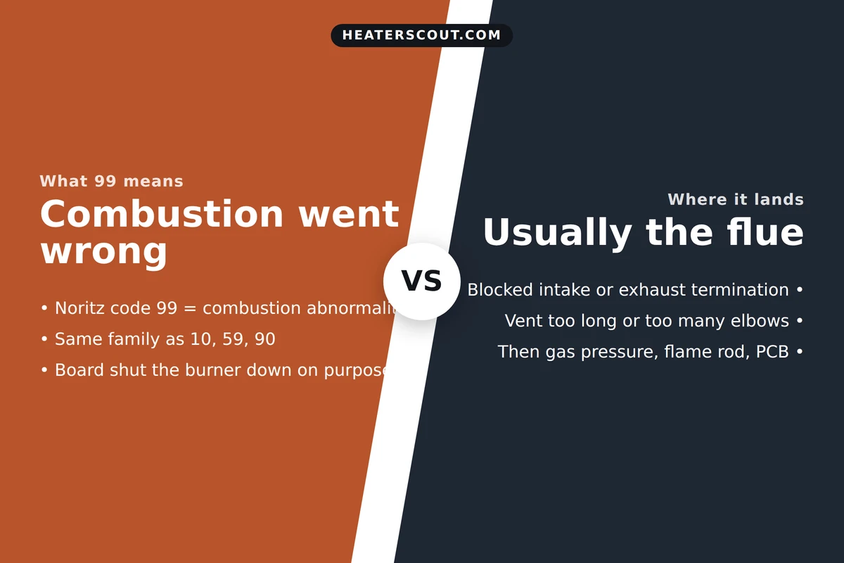 Split infographic: Noritz code 99 means combustion went wrong, and the fault usually lands at the flue or vent