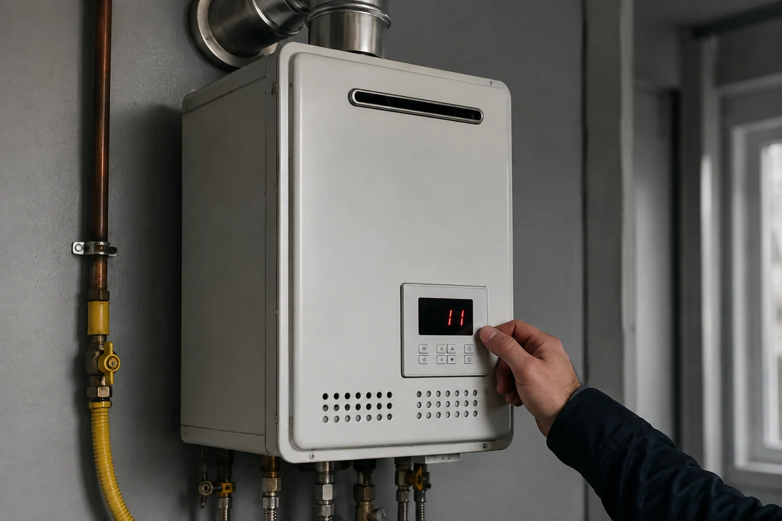 A wall-mounted Noritz gas tankless water heater with the front cover removed showing the heat exchanger, combustion fan, gas valve, and the condensate drain and service valves a technician inspects when troubleshooting error codes