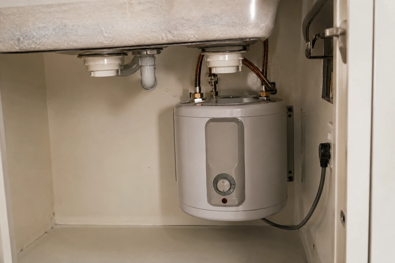 A 2.5 gallon point-of-use water heater mounted inside a bathroom cabinet under the sink, with cold and hot supply lines, the plug in a nearby outlet, and the T&P discharge line running to a drain