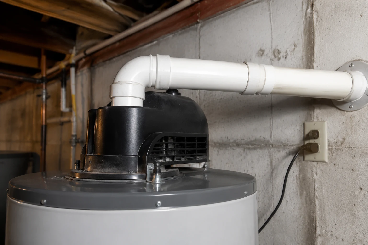 A power vent gas water heater with a blower on top and white PVC exhaust pipe running to an exterior wall