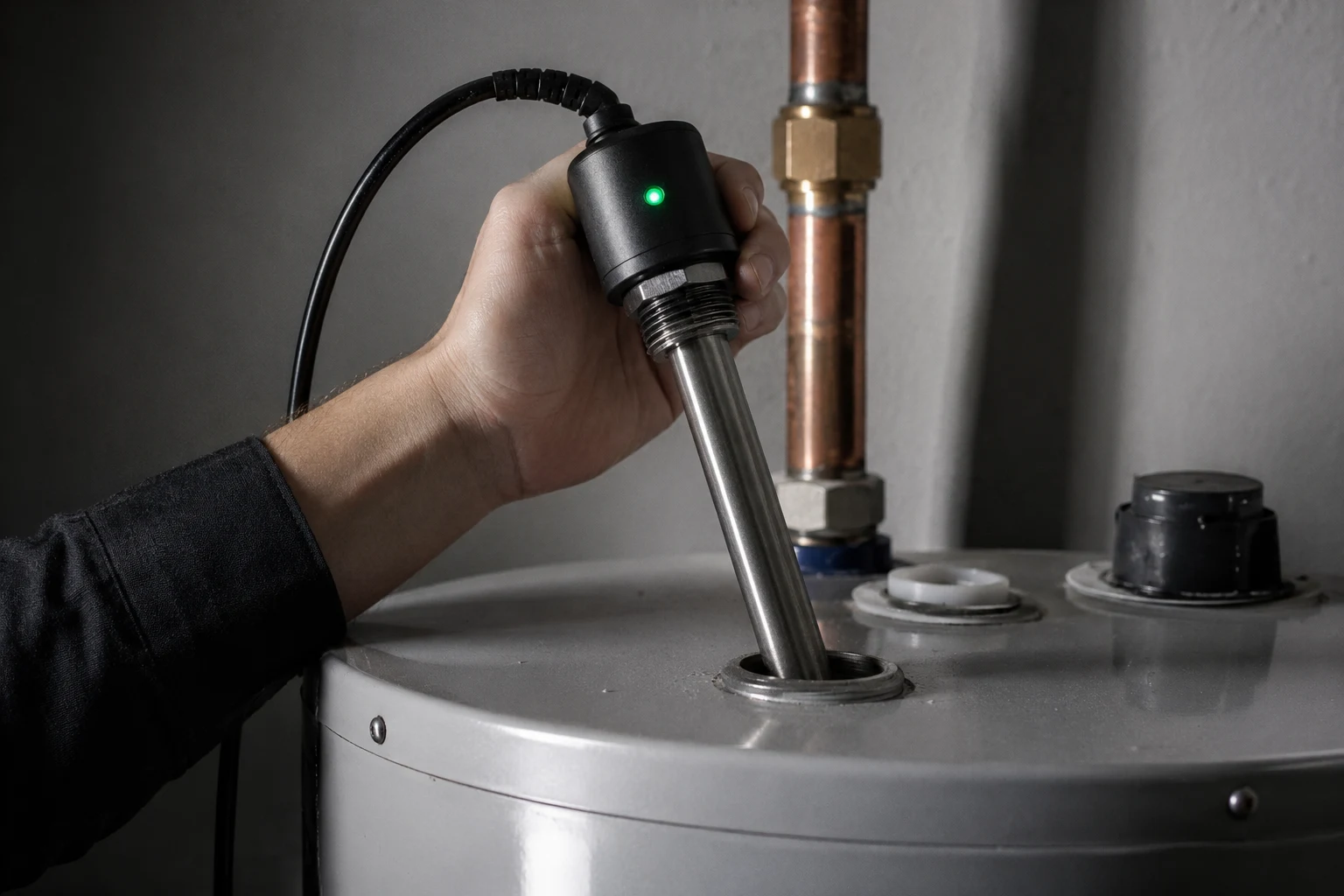 A powered water heater anode rod with its plug-in transformer and cord next to the anode port on top of a residential storage tank