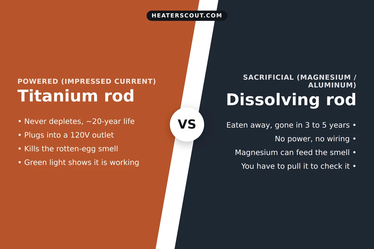 Diagonal split graphic comparing a powered impressed-current titanium anode rod against a dissolving sacrificial magnesium rod for a water heater