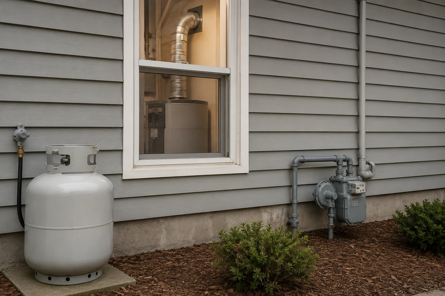 A residential propane water heater beside a large white propane tank in a rural yard, with the gas line running to the heater and a delivery-truck fill valve visible on the tank