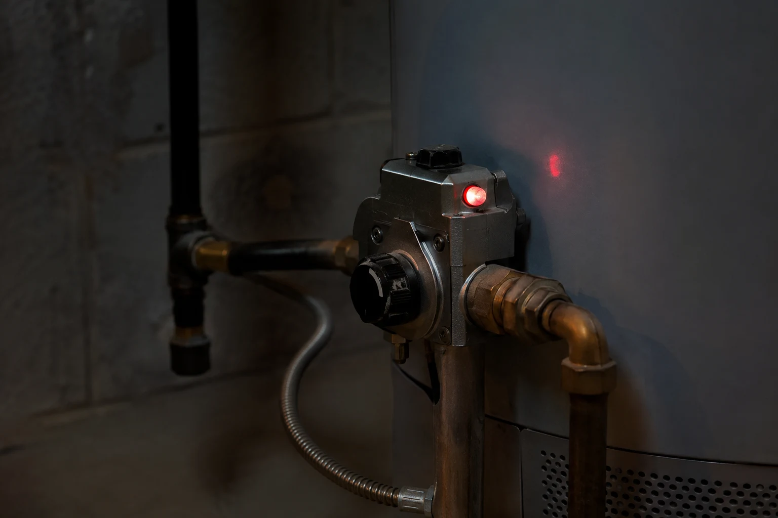 A Reliance gas control valve low on the side of a water heater tank with the small status light and the ON/OFF gas control knob visible, the spot where the flash count is read and the reset is done