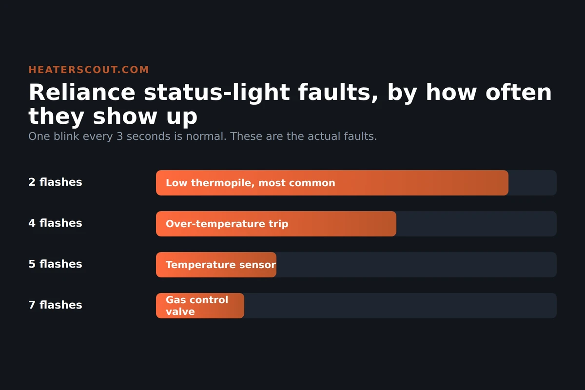 Reliance gas water heater status-light flash map showing 1 flash as normal operation and 2, 4, 5, and 7 flashes as fault codes, ordered by how often each shows up, each routed to a part of the gas control valve