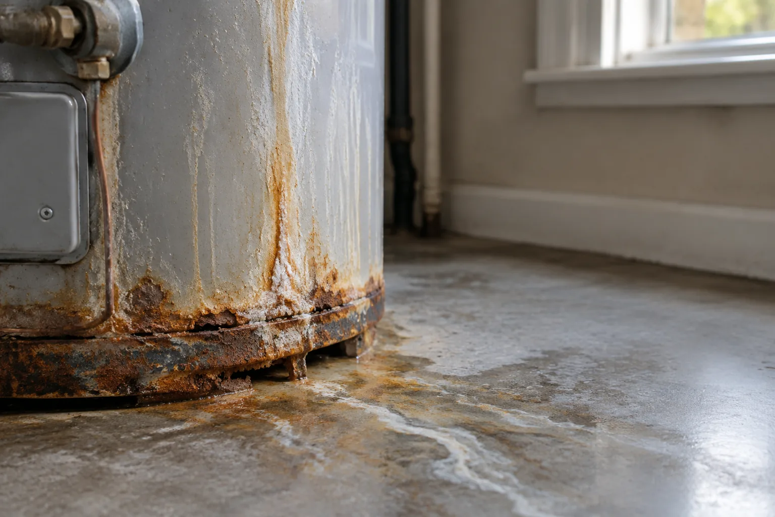 Base of a corroded water heater tank with rust and moisture at the bottom seam