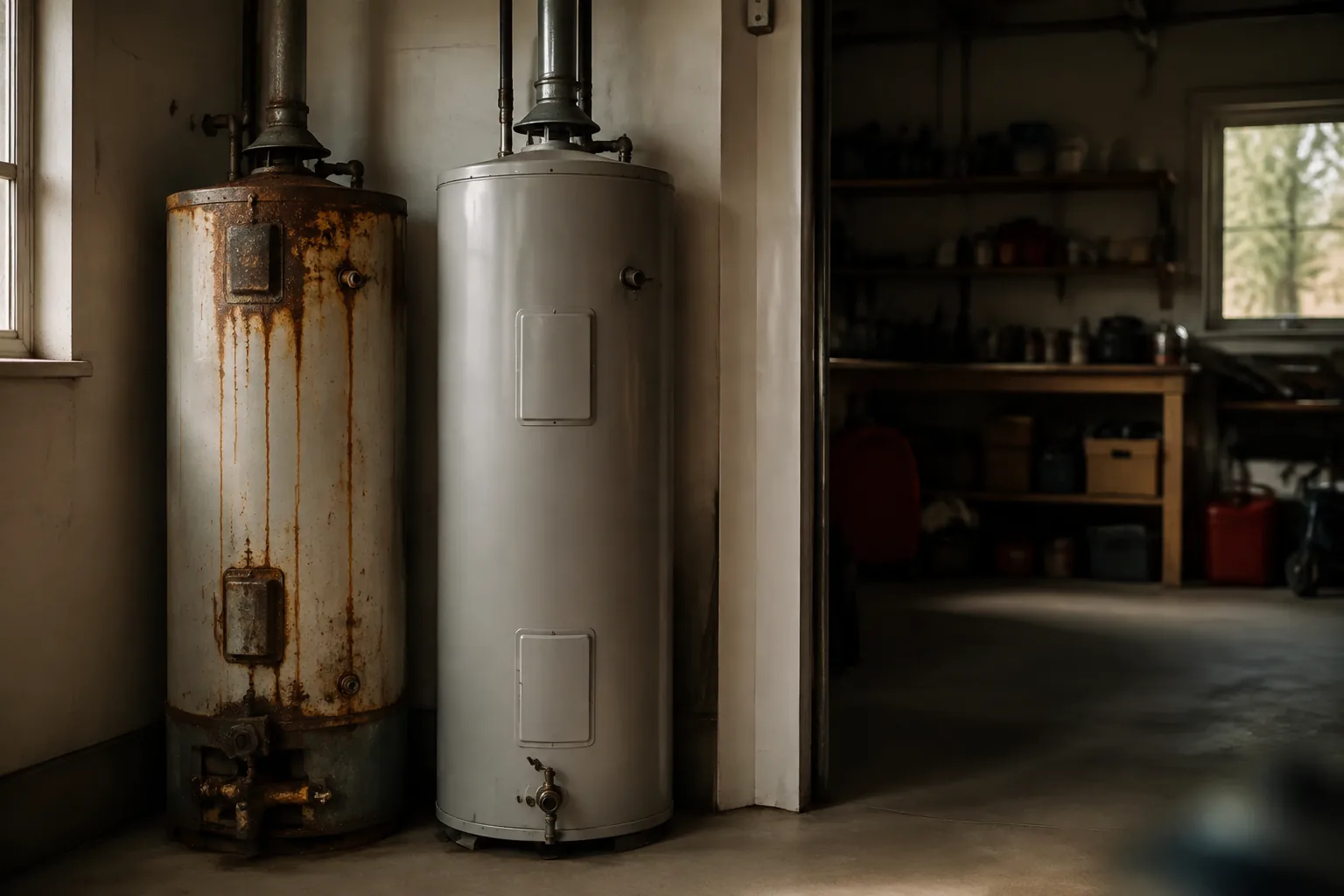 Homeowner and plumber looking at an aging water heater, deciding whether to fix or replace it