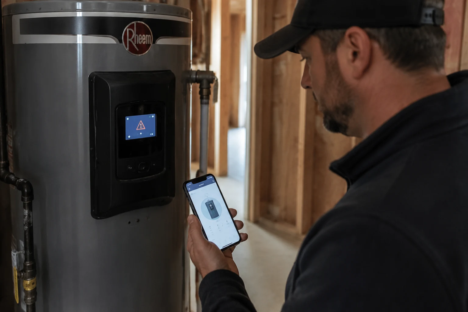 Rheem hybrid heat-pump water heater LCD control panel and the EcoNet app on a phone showing the same alarm code, with the air filter and top-mounted heat pump visible