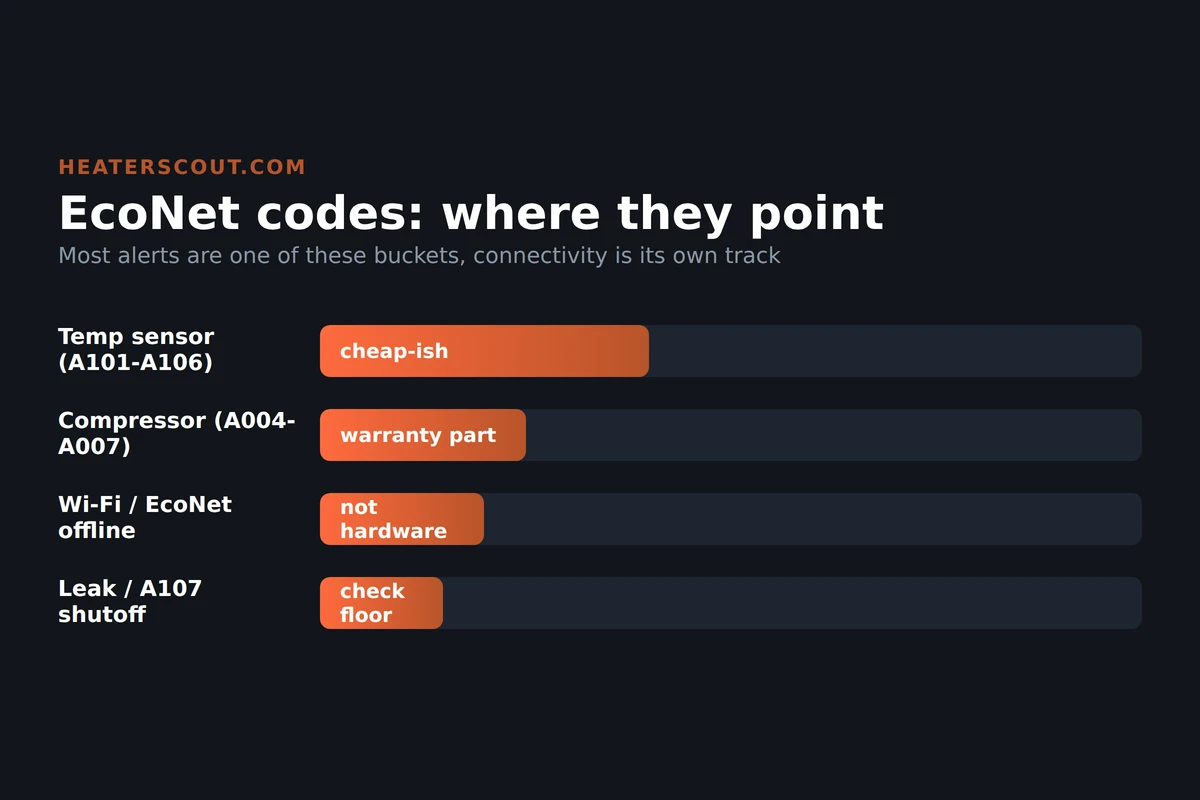 Rheem EcoNet water heater error-code map showing hybrid A-series alarms, gas numbered codes, Wi-Fi connectivity, and leak detection as separate buckets with likely causes