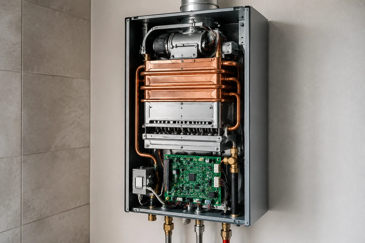 The inside of a wall-mounted tankless water heater with the cover off, showing the burner, heat exchanger and control board