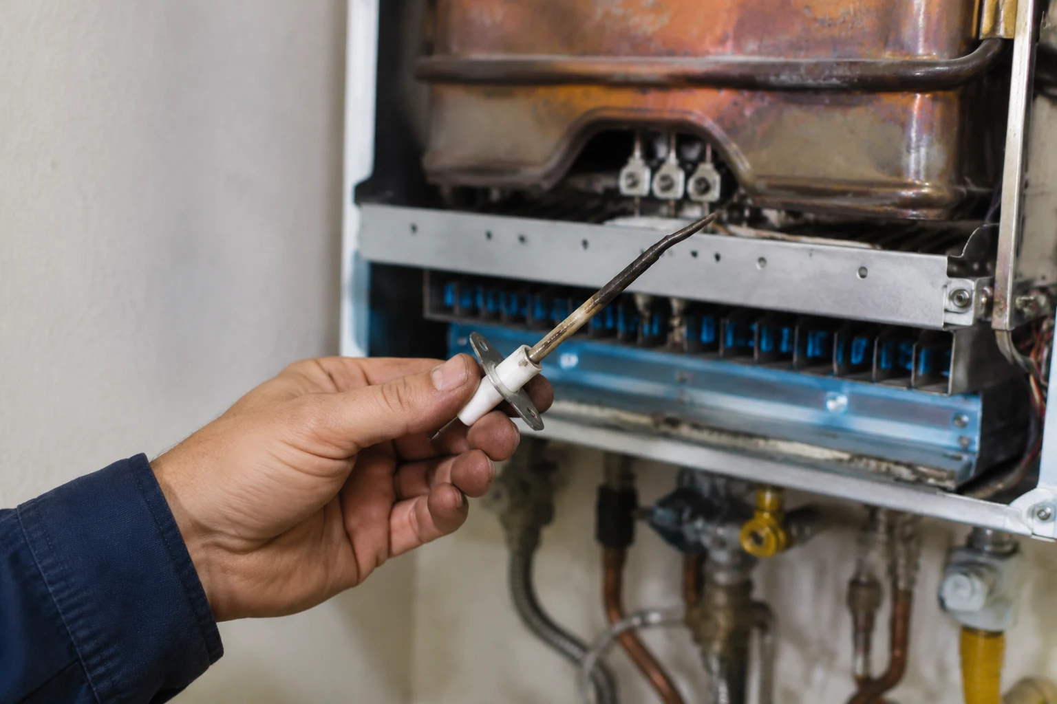 Close-up of a flame-sensing rod removed from a Rheem tankless burner assembly, its tip darkened with soot, next to fine steel wool used to clean it