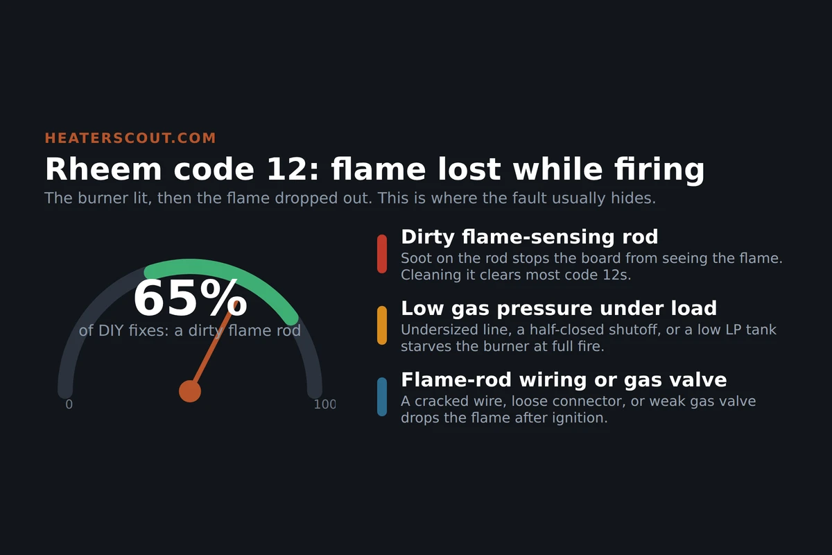 Gauge infographic showing that a dirty flame-sensing rod causes about 65 percent of DIY-fixed Rheem code 12 flame-failure cases, with low gas pressure and wiring or gas valve as the other causes