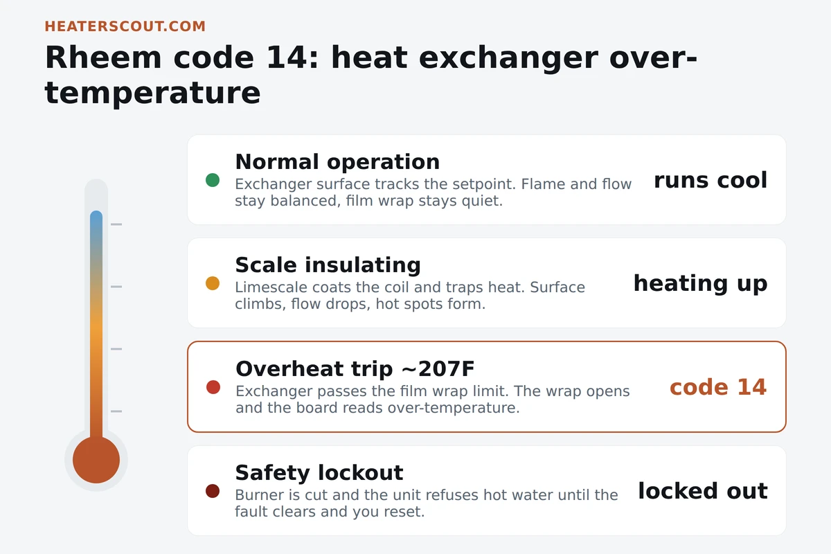Temperature-zone diagram for Rheem tankless code 14, from normal operation through scale insulation to the film wrap overheat trip near 207 degrees and safety lockout