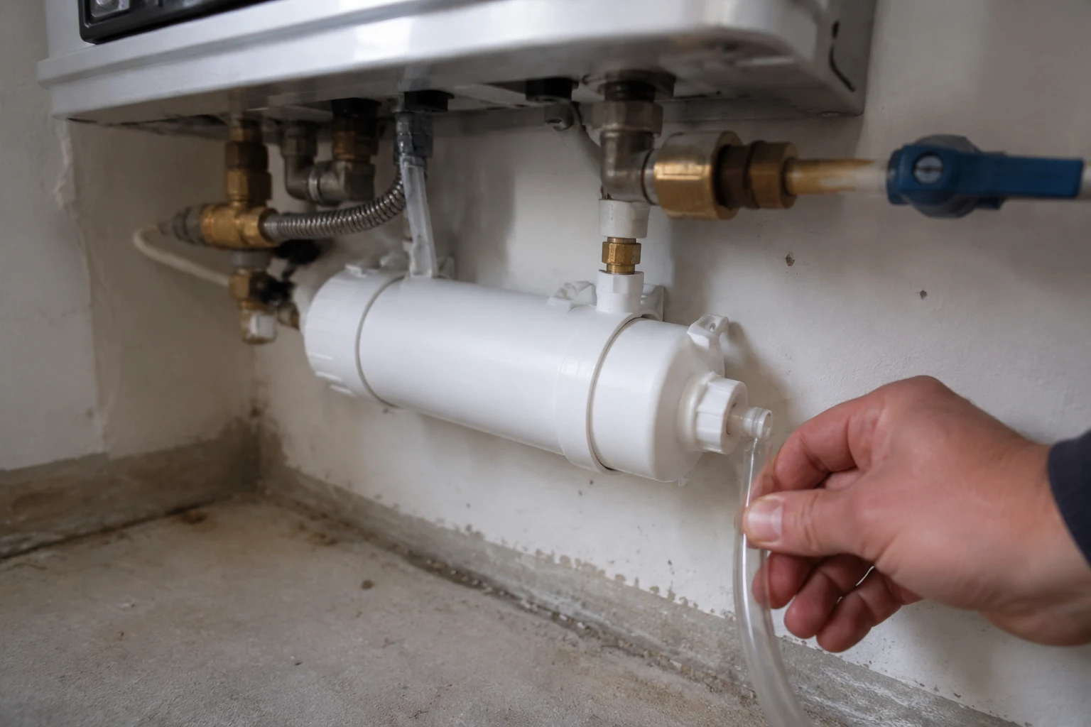 Condensate neutralizer cartridge removed from a Rheem tankless drain line, being flushed under running water