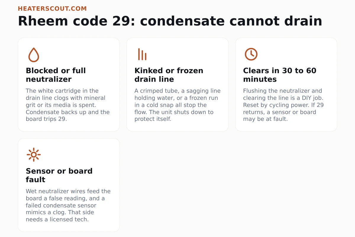 Four causes of Rheem tankless error code 29: blocked neutralizer, kinked or frozen drain line, quick reset time, and sensor or board fault
