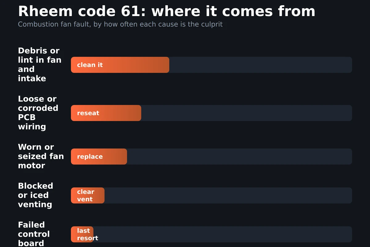 Bar chart showing the likelihood split of Rheem tankless code 61 causes, from fan debris and PCB wiring down to a failed control board