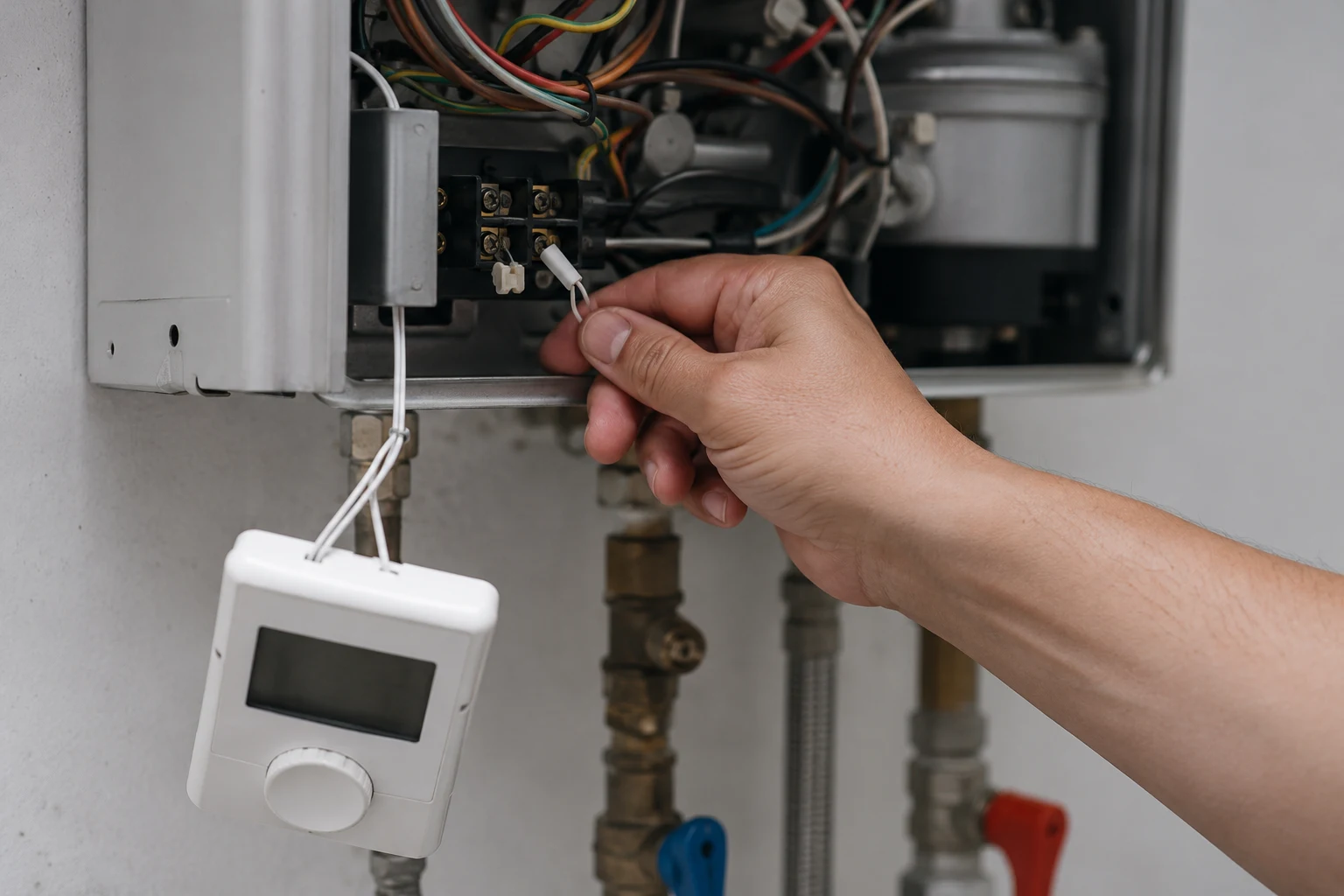 Two-wire remote-control terminals on a Rheem tankless control board with a technician reseating the connection during a code 76 repair