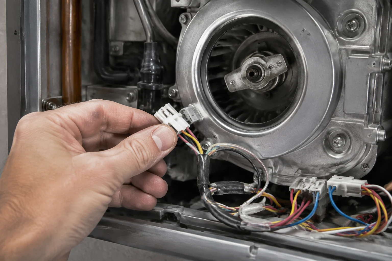 The combustion blower assembly of a Rheem tankless water heater removed for inspection, showing the fan wheel and motor that trips code 79 when it draws abnormal current