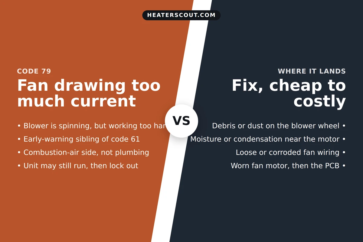 Split infographic explaining Rheem code 79: a fan motor current fault where the combustion blower strains and draws too much current, with likely causes from debris to a worn motor